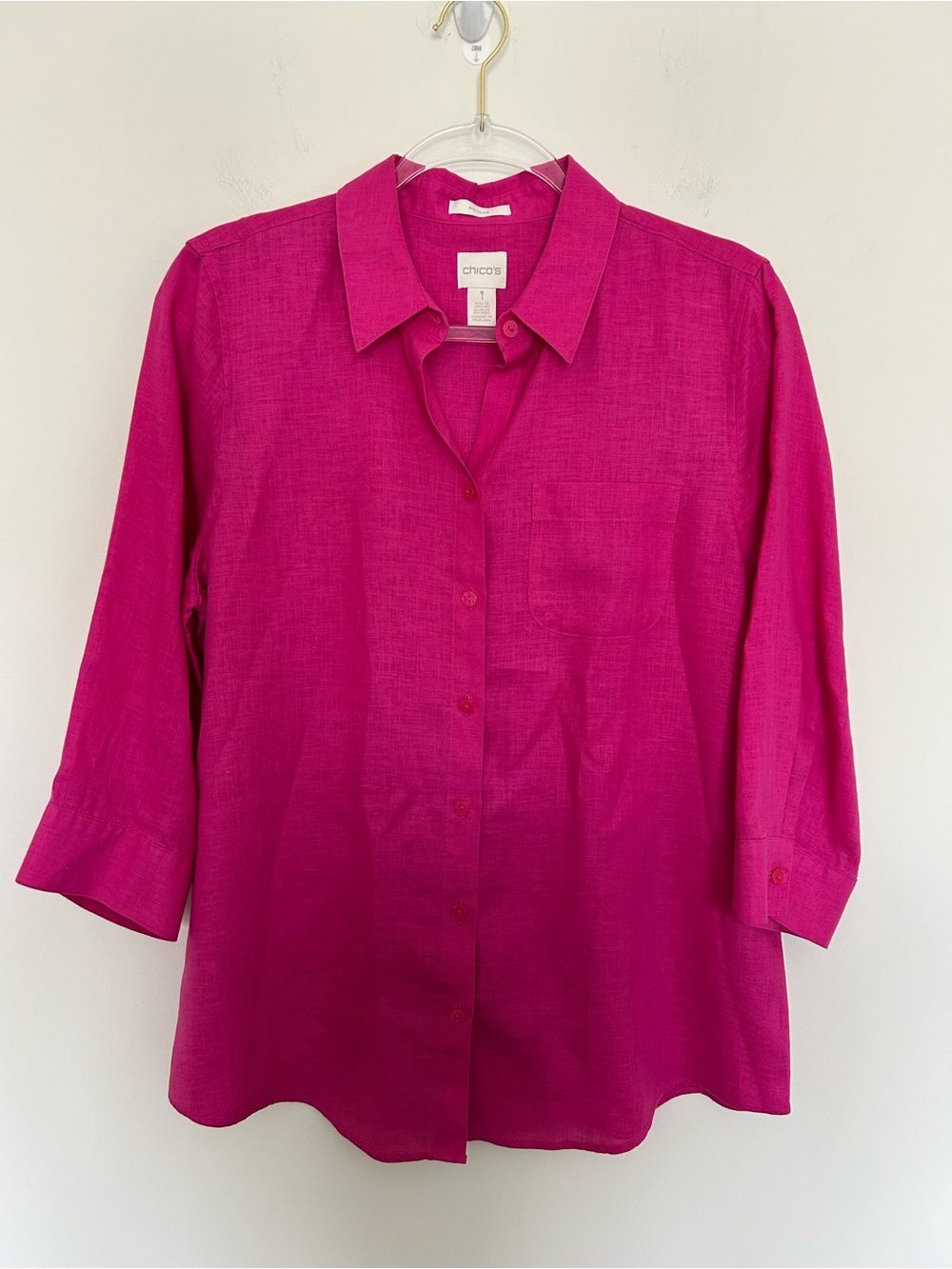Chico’s No-Iron Linen Button Shirt Linen Size 1/US 8 Medium Hot Pink